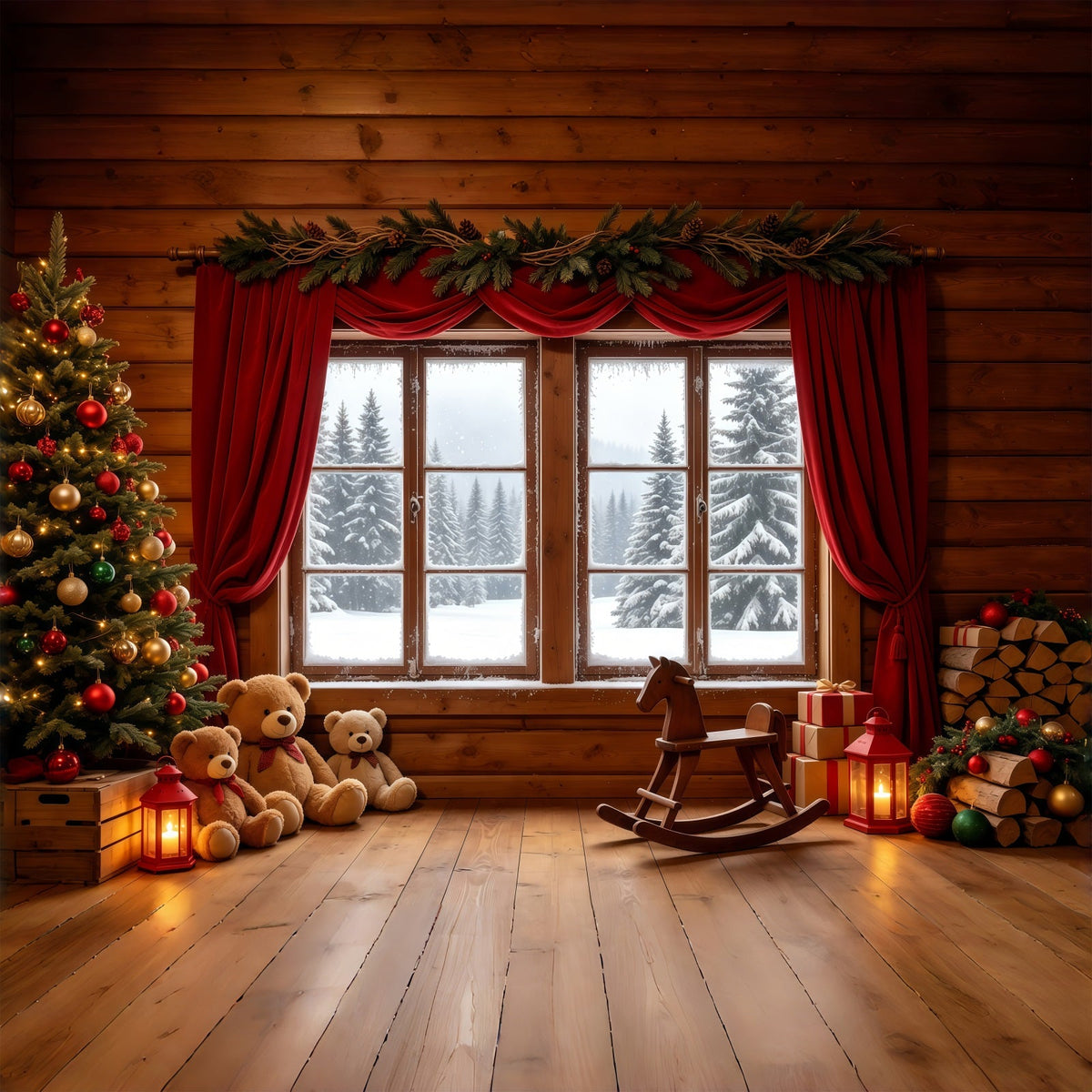 Weihnachtshütten-Kulisse Rustikale Fenster-Teddy-Ausstellung Weihnachts-Fotohintergründe GQ68-89
