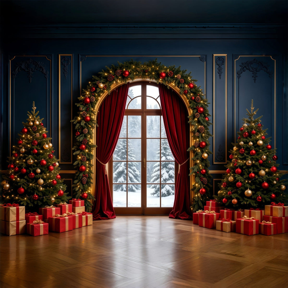 Weihnachts-Wohnzimmer-Hintergrund Elegante Bogenfensterdekoration Große Weihnachtskulisse GQ68-90