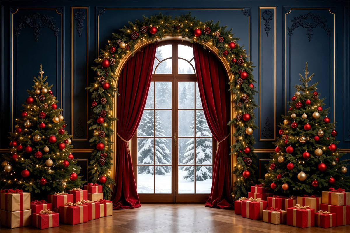 Weihnachts-Wohnzimmer-Hintergrund Elegante Bogenfensterdekoration Große Weihnachtskulisse GQ68-90