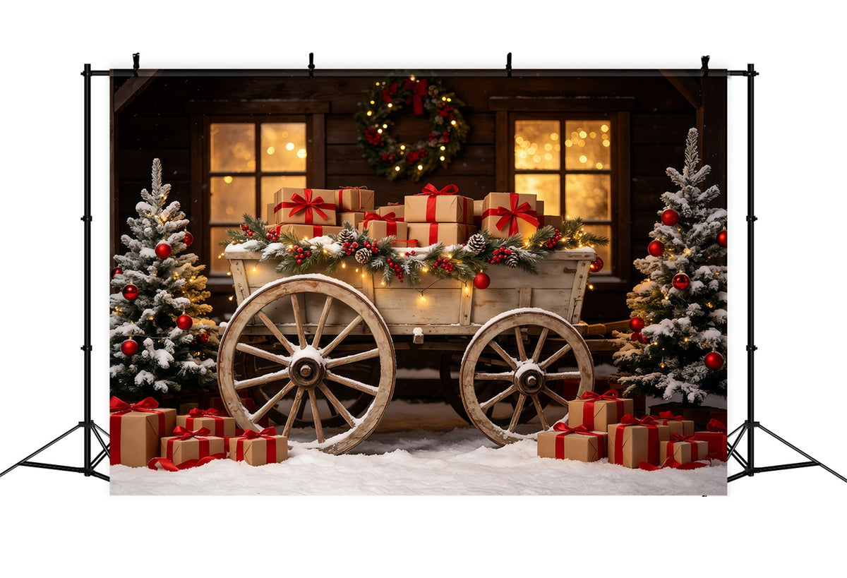 Weihnachtskulisse Im Freien Rustikaler Wagen Als Geschenkständer Weihnachtshintergrund Für Fotografie GQ68-92