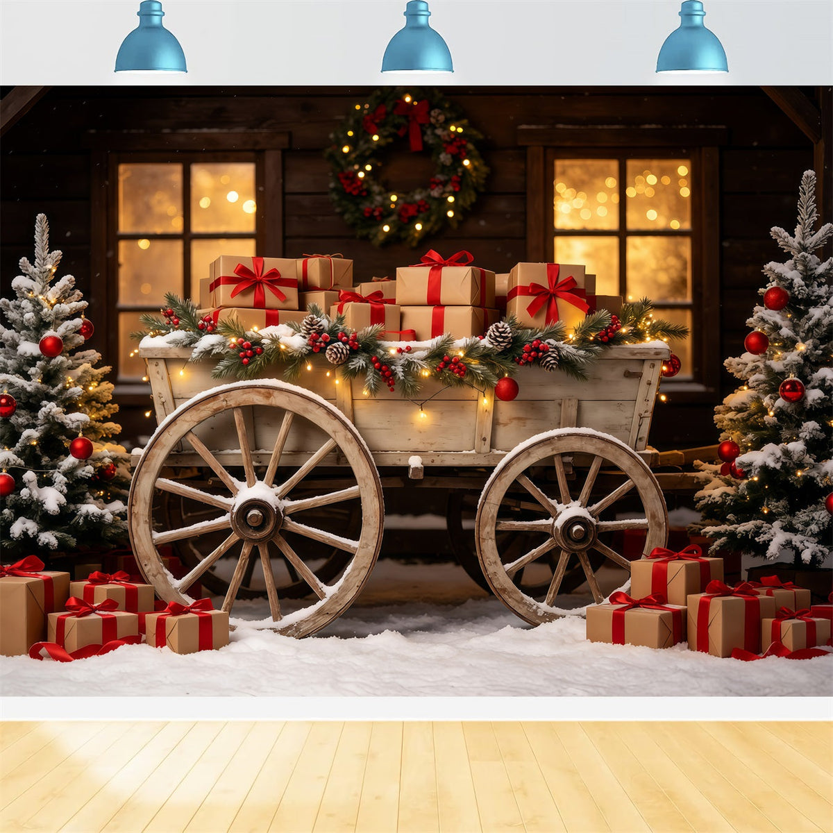 Weihnachtskulisse Im Freien Rustikaler Wagen Als Geschenkständer Weihnachtshintergrund Für Fotografie GQ68-92