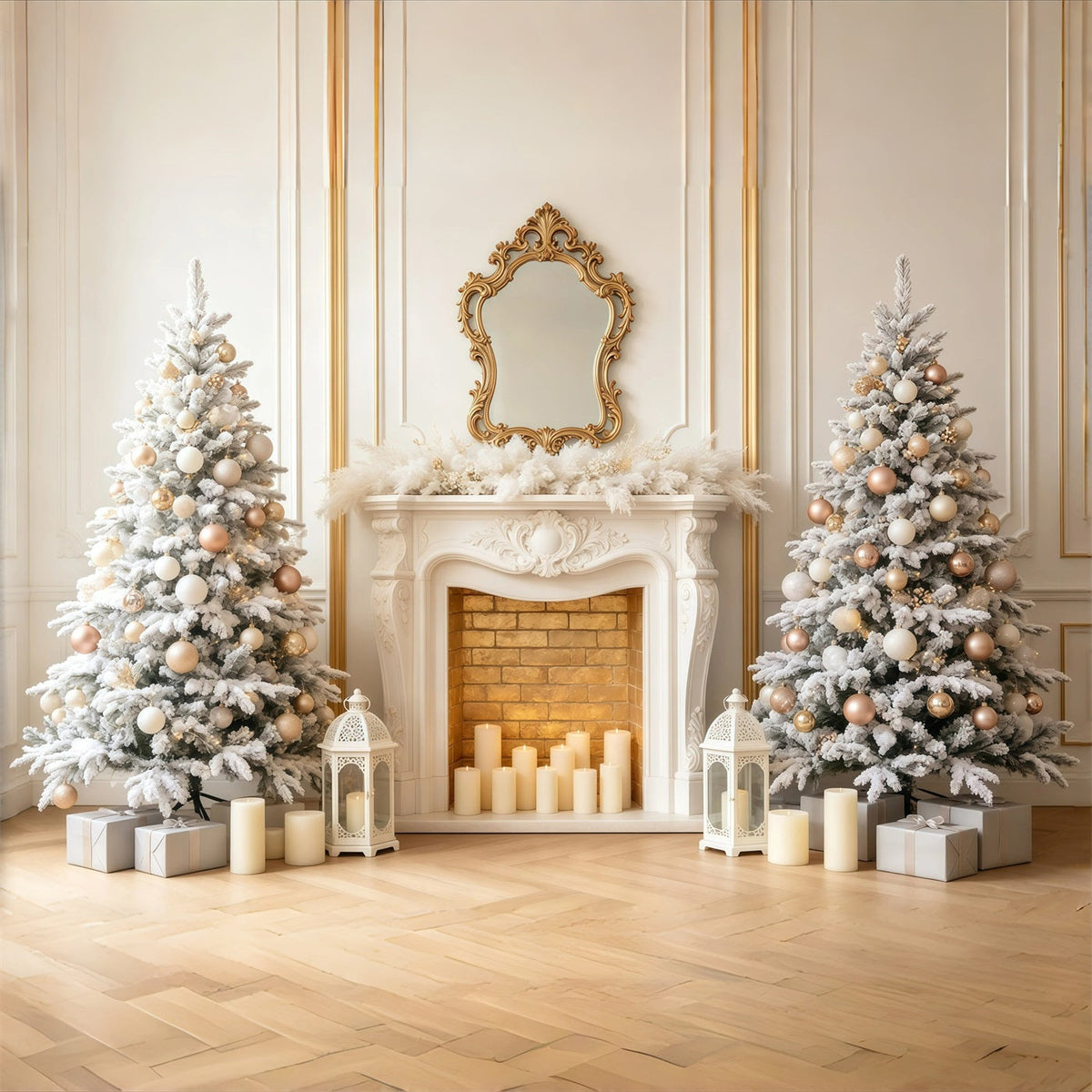 Elegante Weihnachtskulisse Weißgoldener Kaminbaum Weihnachtsfotohintergrund GQ68-97