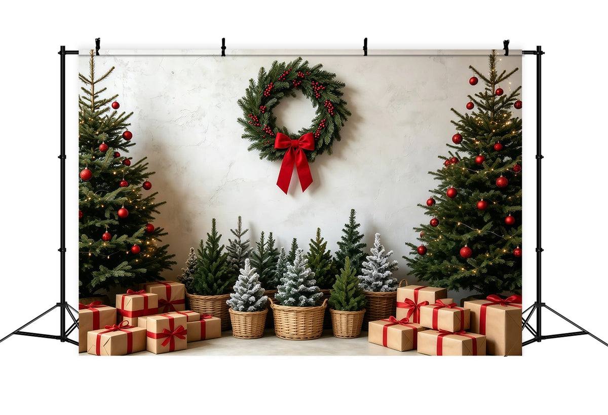 Weihnachtsbaum-Hintergrund Rustikaler Kranz Als Geschenkständer Studiohintergründe Weihnachten GQ68-99