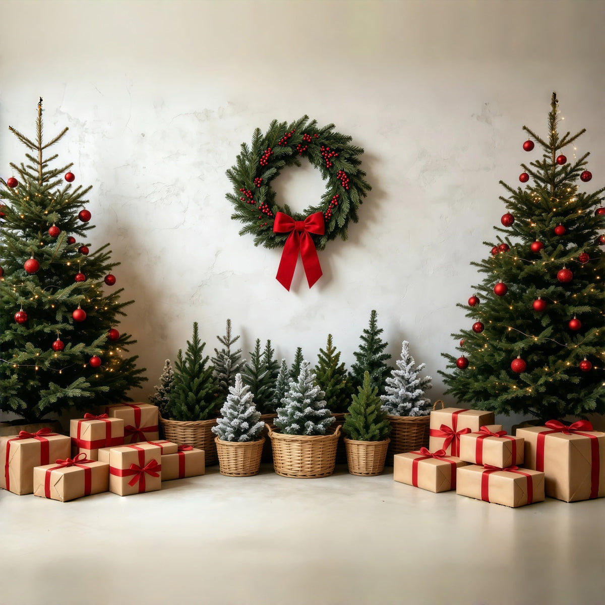 Weihnachtsbaum-Hintergrund Rustikaler Kranz Als Geschenkständer Studiohintergründe Weihnachten GQ68-99