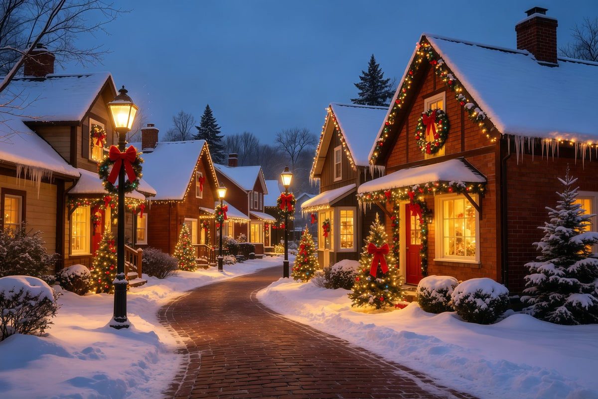 Weihnachtsdorf-Kulisse Lichter Der Verschneiten Straßenhütte Weihnachtshintergründe Für Den Innenbereich GQ69-10