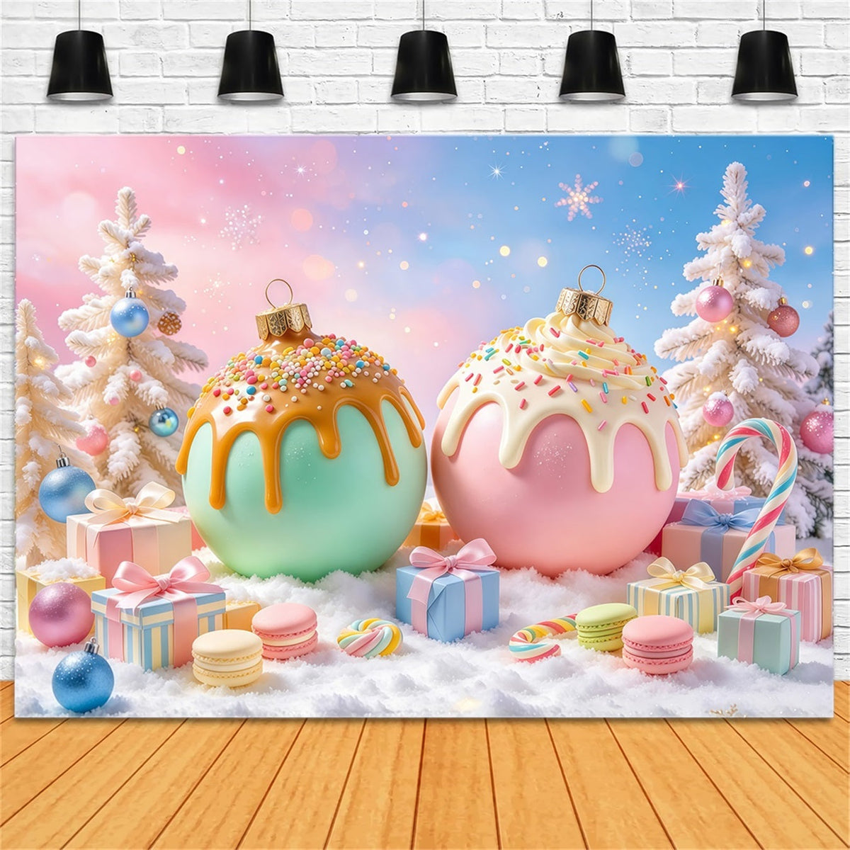 Weihnachtsgeschichte Hintergrund Grün Rosa Süßigkeiten Ornamente Pastell GQ69-100