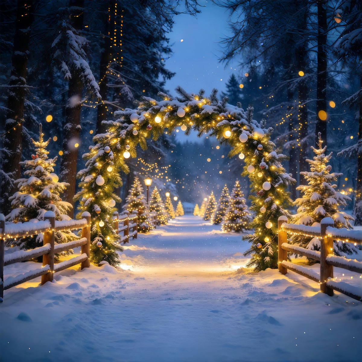 Weihnachtlicher Hintergrund Beleuchteter Wald Verschneiter Bogen Bokeh GQ69-103