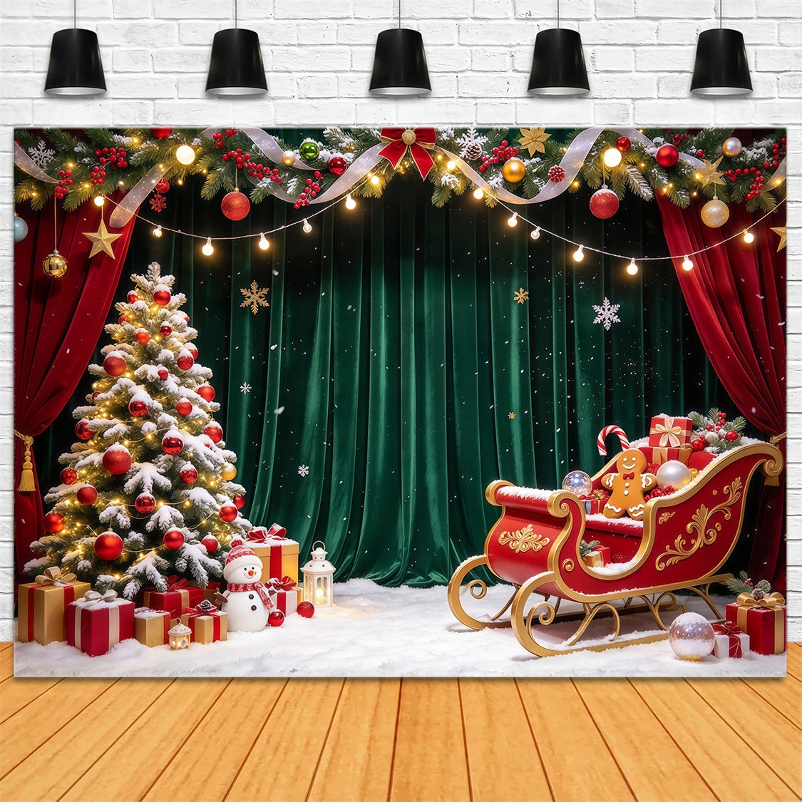 Weihnachtlicher Partyfotohintergrund Samtschlitten Geschenkauslage Vertikal GQ69-104