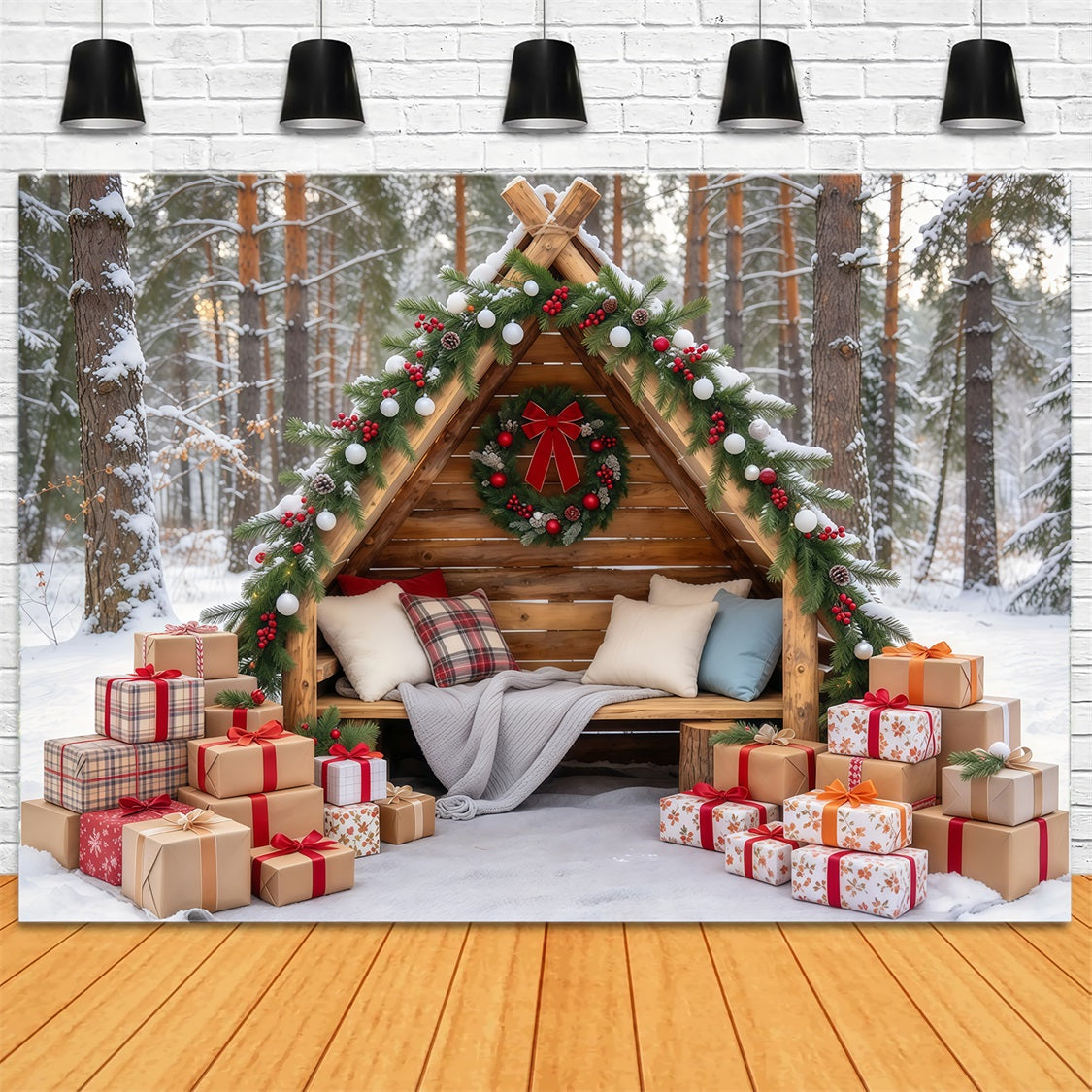 Weihnachtlicher Außenfotohintergrund Rustikale Waldhütte Winterurlaub GQ69-105