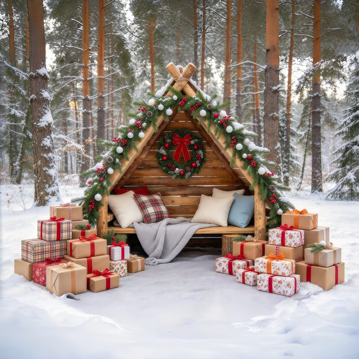 Weihnachtlicher Außenfotohintergrund Rustikale Waldhütte Winterurlaub GQ69-105