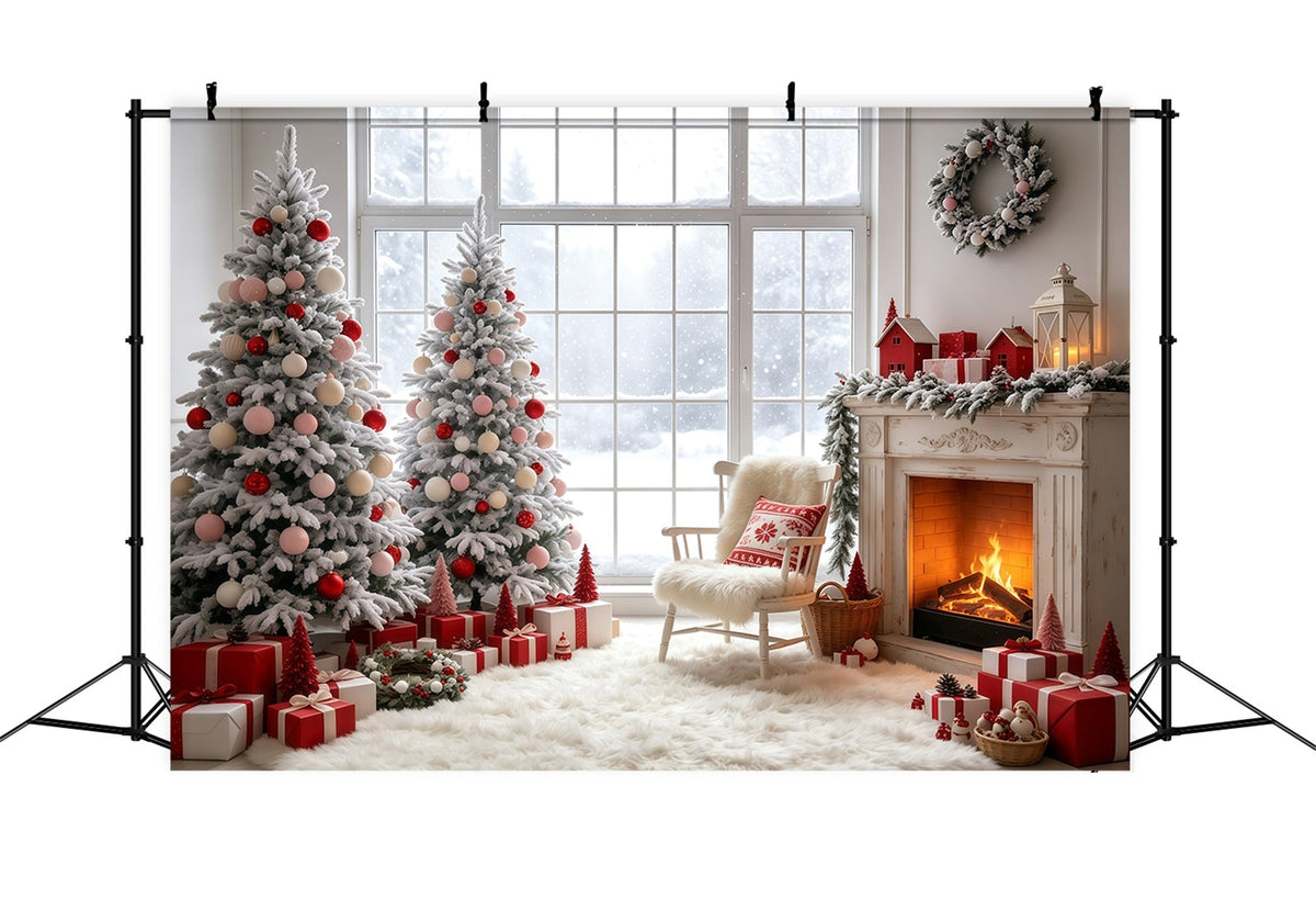 Weihnachtsfenster-Hintergrund Kaminzimmer Mit Rosa Baum Weihnachtswand-Hintergrund GQ69-12
