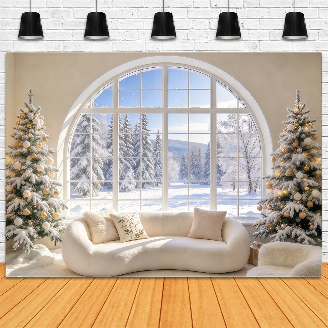 Weihnachtlicher Sofahintergrund Verschneites Bogenfenster Wohnzimmer Geschenke GQ69-120