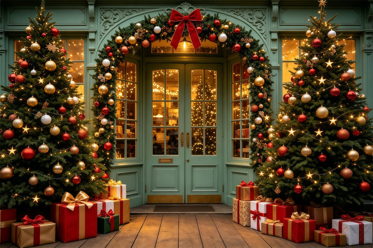 Weihnachtsladen-Hintergrund Grüner Türgirlandeneingang Weihnachtshintergrund Aus Musselin GQ69-13