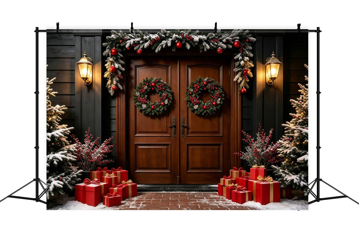 Dunkler Weihnachtshintergrund Doppelter Kranz Holztür Weihnachts-Fotohintergründe GQ69-15