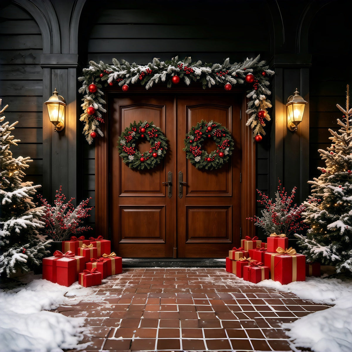 Dunkler Weihnachtshintergrund Doppelter Kranz Holztür Weihnachts-Fotohintergründe GQ69-15