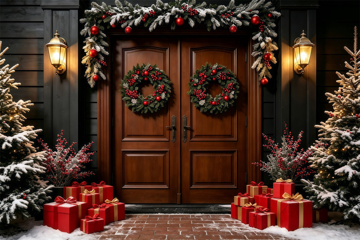 Dunkler Weihnachtshintergrund Doppelter Kranz Holztür Weihnachts-Fotohintergründe GQ69-15