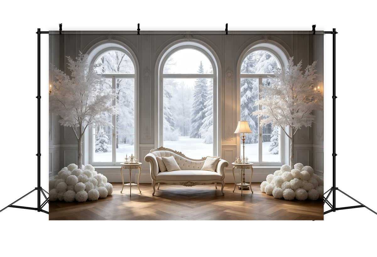 Elegante Weihnachtskulisse Weißes Winterfensterzimmer Weihnachtliche Musselin-Hintergründe GQ69-16