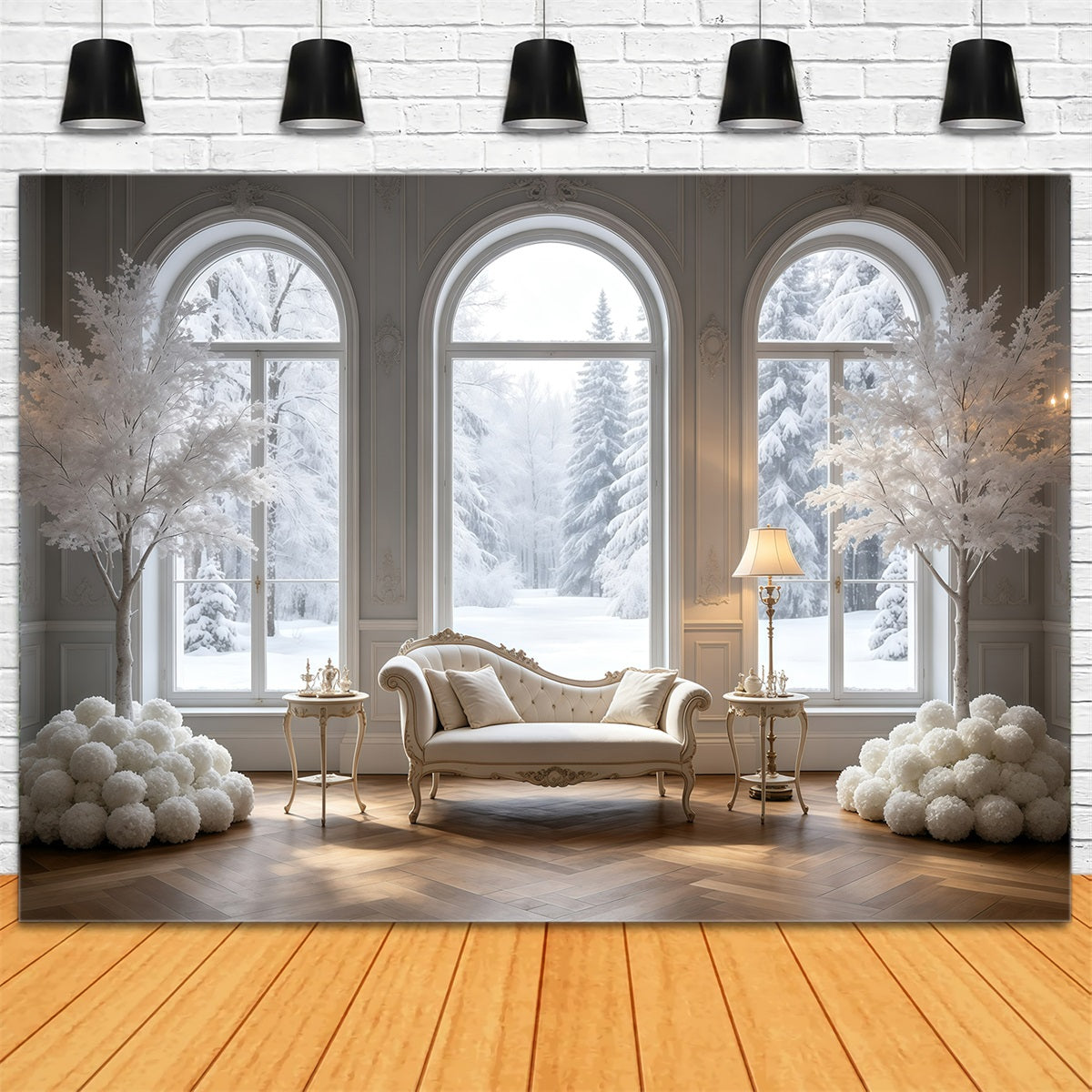 Elegante Weihnachtskulisse Weißes Winterfensterzimmer Weihnachtliche Musselin-Hintergründe GQ69-16
