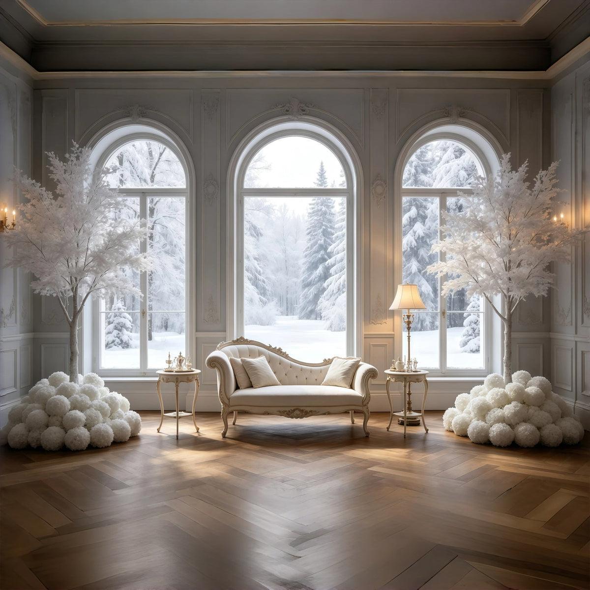 Elegante Weihnachtskulisse Weißes Winterfensterzimmer Weihnachtliche Musselin-Hintergründe GQ69-16