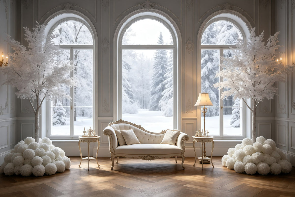 Elegante Weihnachtskulisse Weißes Winterfensterzimmer Weihnachtliche Musselin-Hintergründe GQ69-16