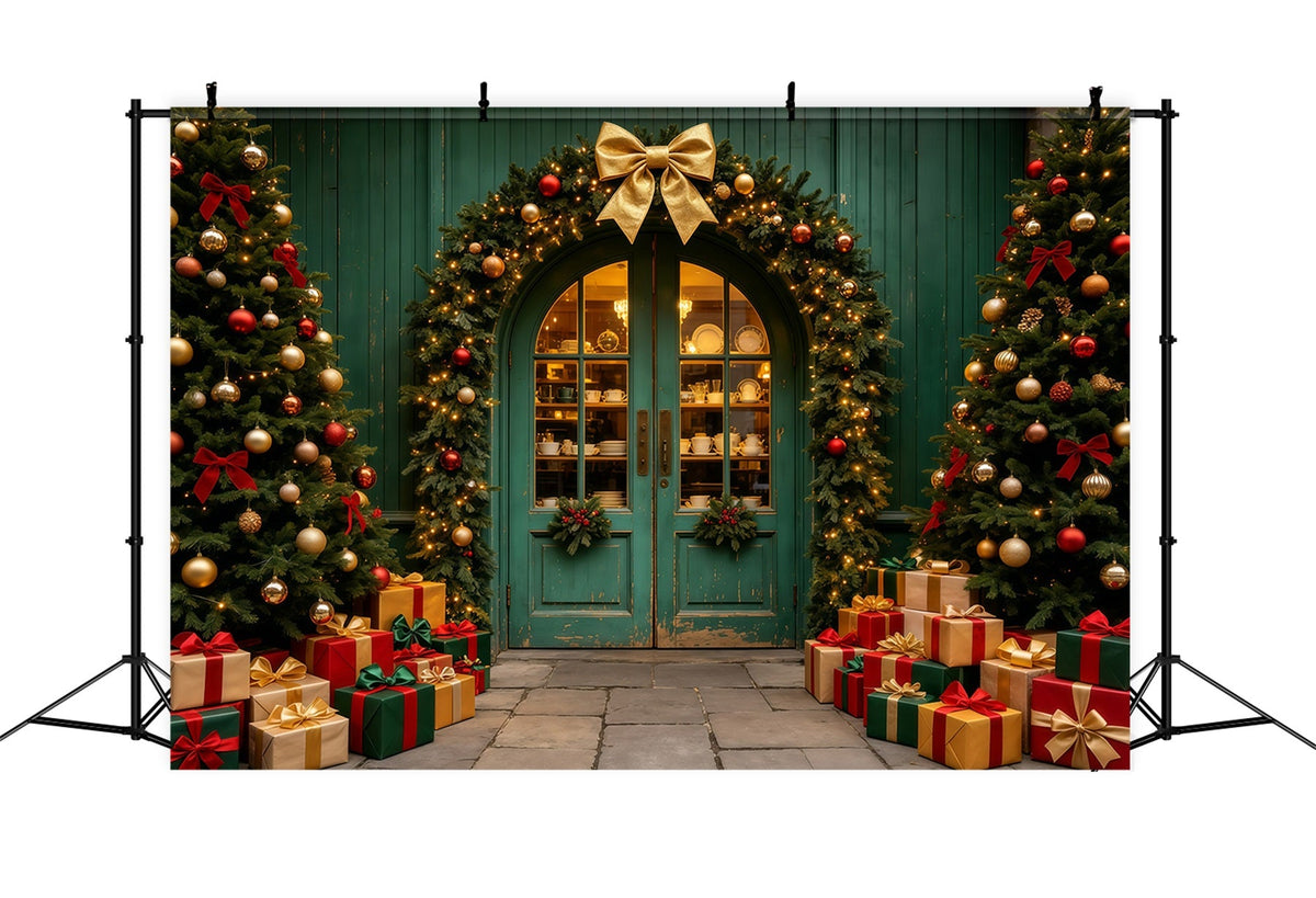 Weihnachtsladen-Hintergrund Türkisfarbener Gewölbter Girlandeneingang Weihnachtskulissen GQ69-18