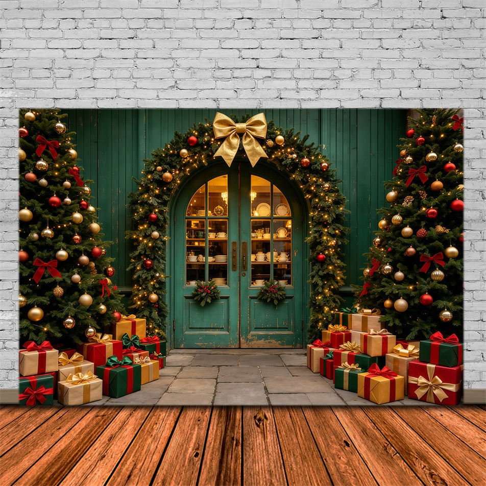Weihnachtsladen-Hintergrund Türkisfarbener Gewölbter Girlandeneingang Weihnachtskulissen GQ69-18