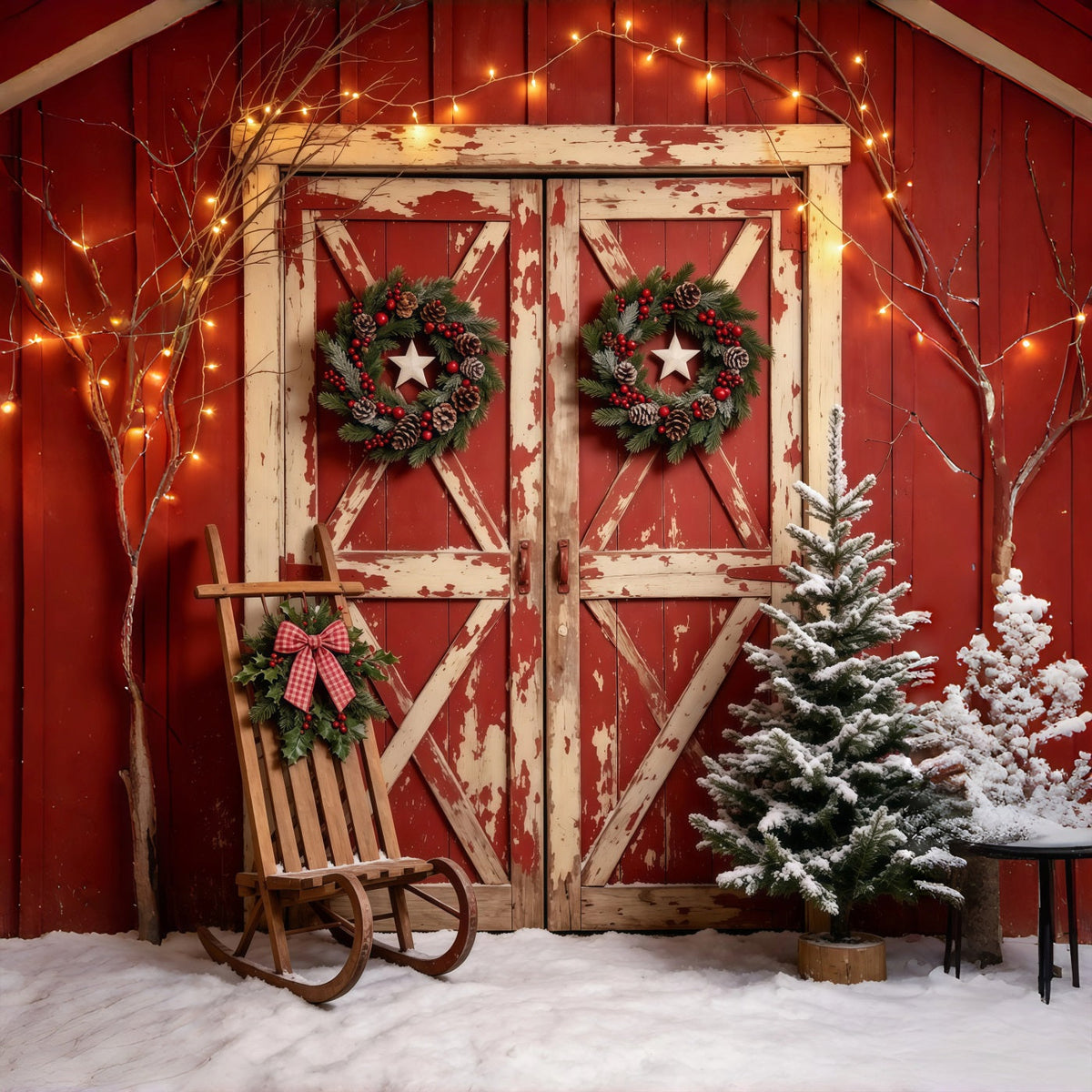 Weihnachtstür-Hintergrund Schneebedeckte, Rustikale Rote Scheune Weihnachts-Fotohintergründe GQ69-22