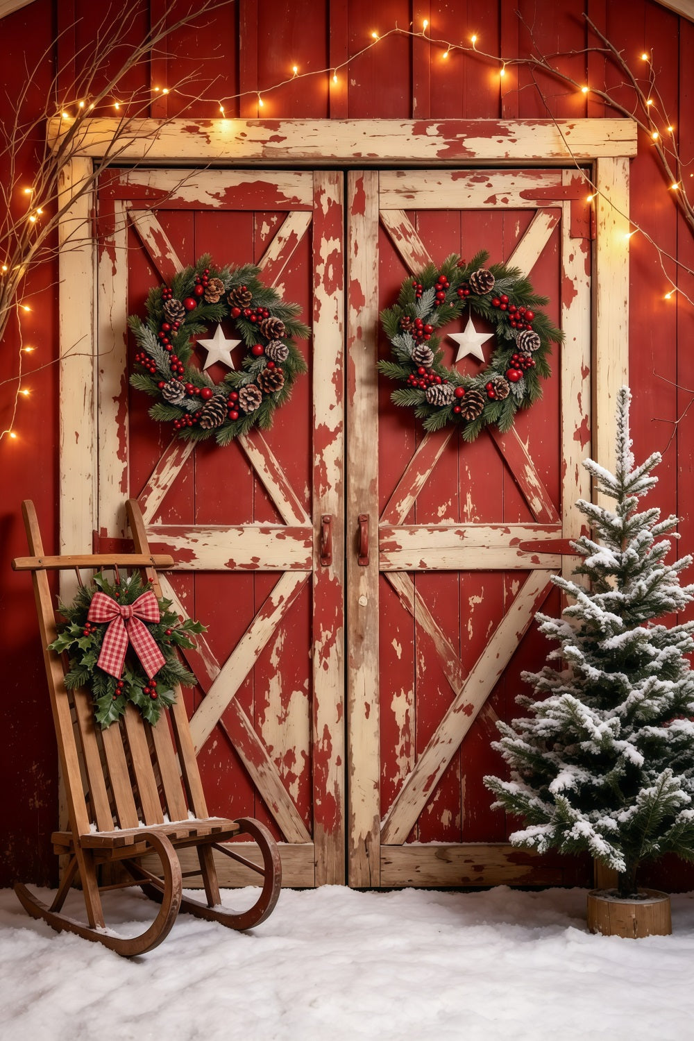Weihnachtstür-Hintergrund Schneebedeckte, Rustikale Rote Scheune Weihnachts-Fotohintergründe GQ69-22