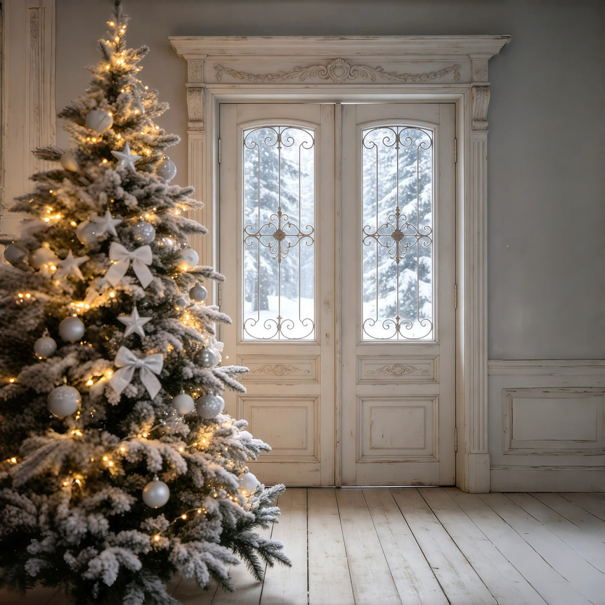 Weihnachtszimmer-Hintergrund Eleganter Schneebedeckter Türrahmen Große Weihnachtskulissen GQ69-28