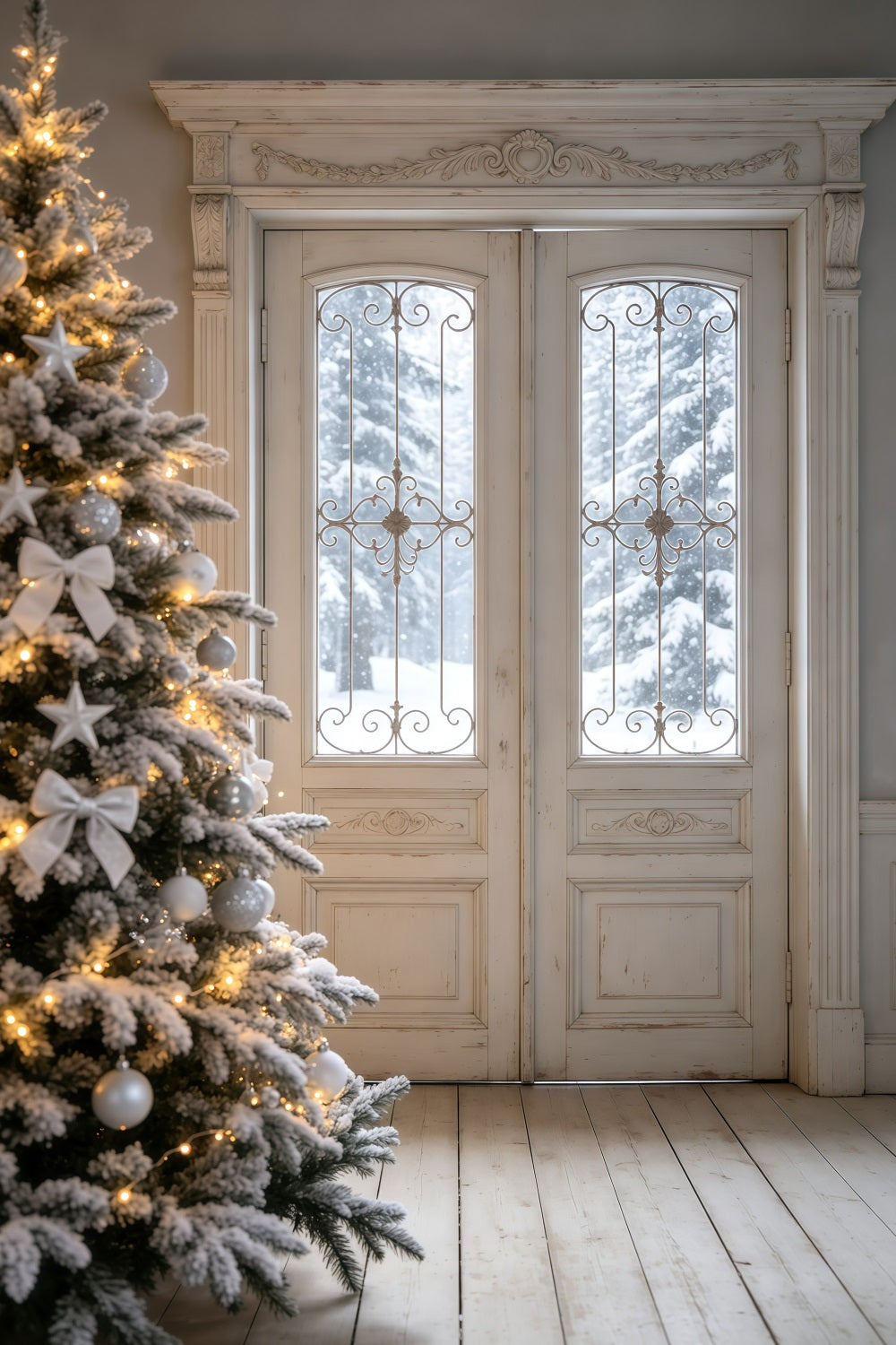 Weihnachtszimmer-Hintergrund Eleganter Schneebedeckter Türrahmen Große Weihnachtskulissen GQ69-28