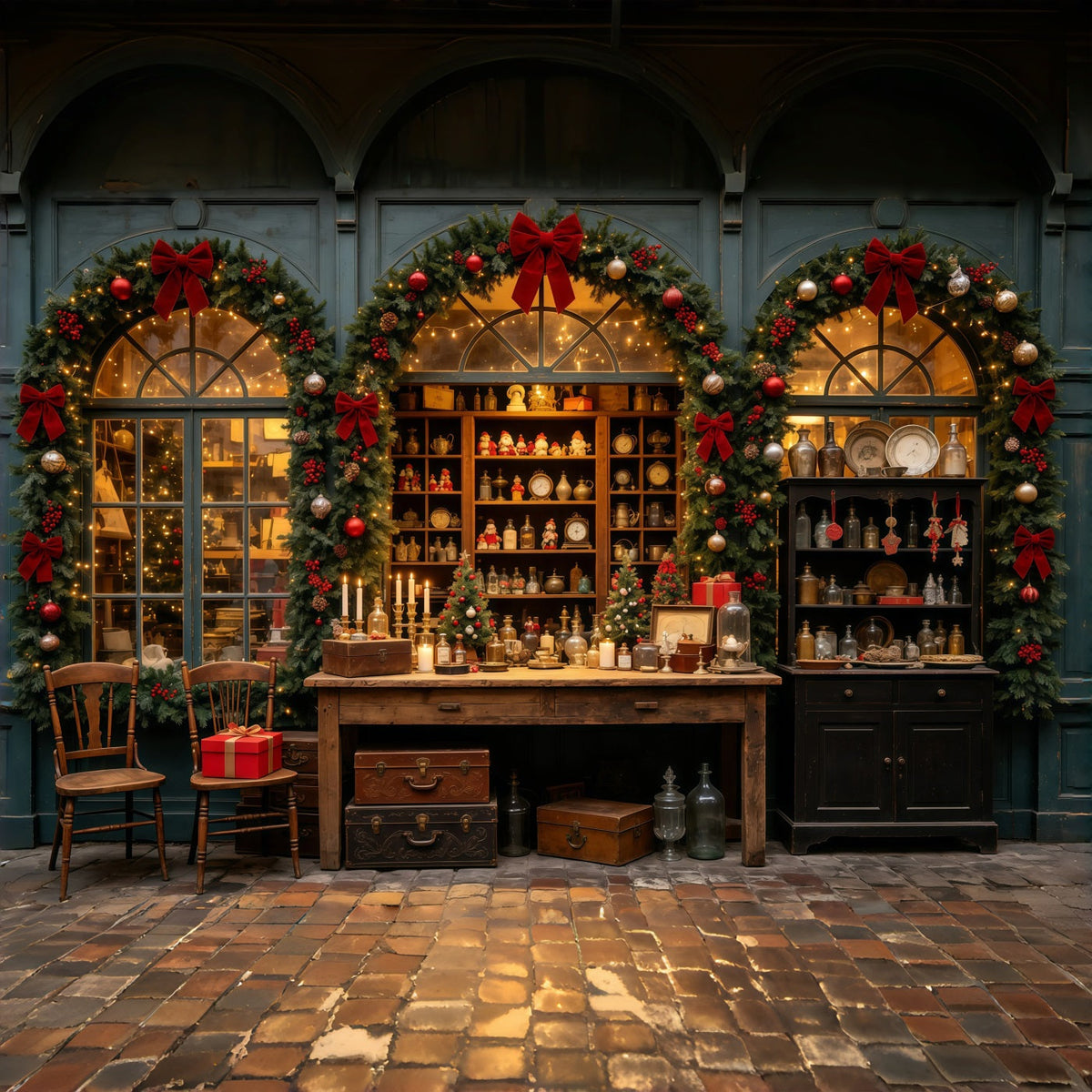 Weihnachts-Schaufensterkulisse Schaufenstergirlande Des Antiquitätengeschäfts Weihnachtswand-Hintergrund GQ69-29