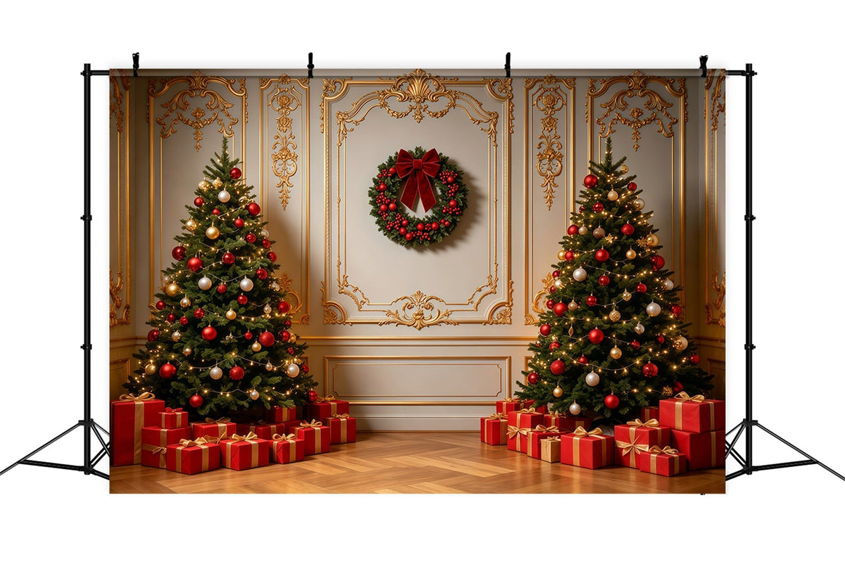 Weihnachtswand-Hintergrund Elegante Innenausstattung Mit Goldverzierungen Weihnachts-Fotohintergründe GQ69-3
