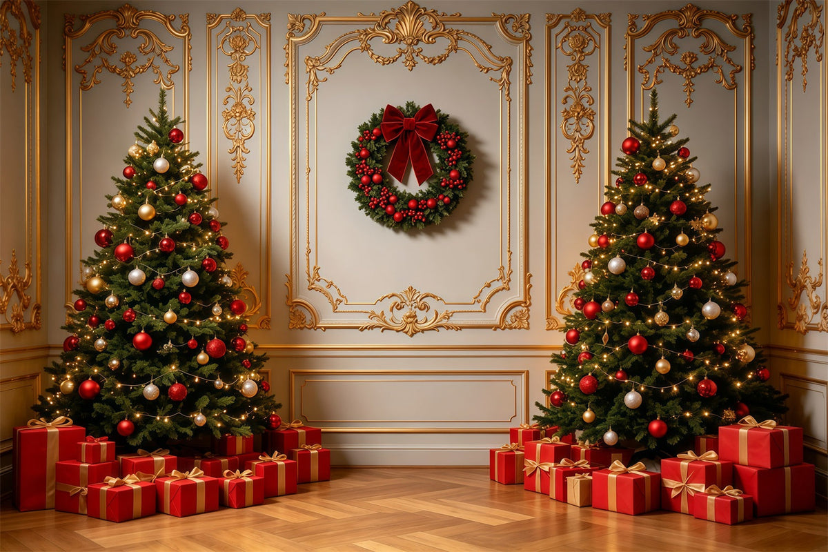 Weihnachtswand-Hintergrund Elegante Innenausstattung Mit Goldverzierungen Weihnachts-Fotohintergründe GQ69-3