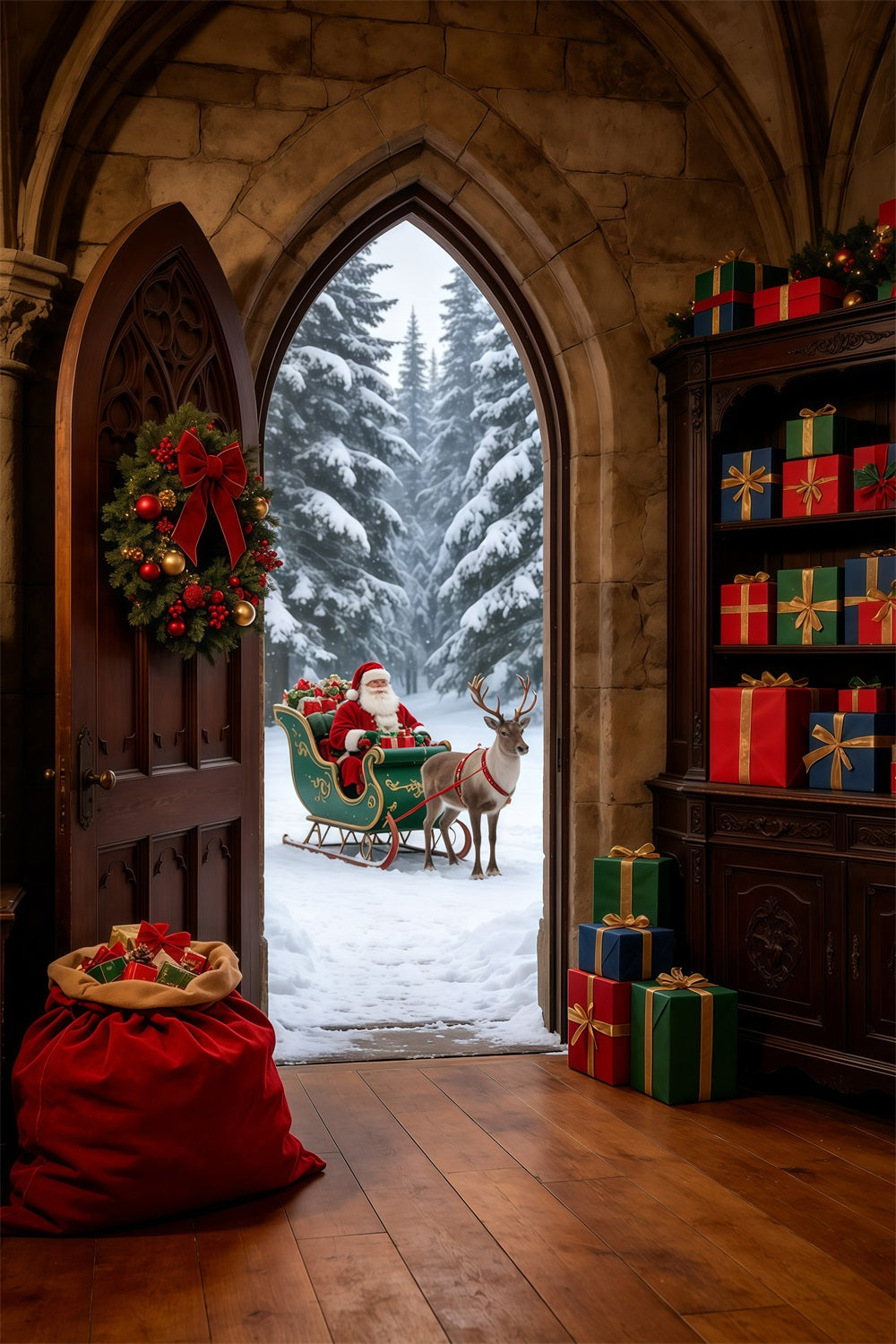 Weihnachtsmann-Hintergrund Wintereingang Mit Gotischem Bogen Große Weihnachtskulisse GQ69-31