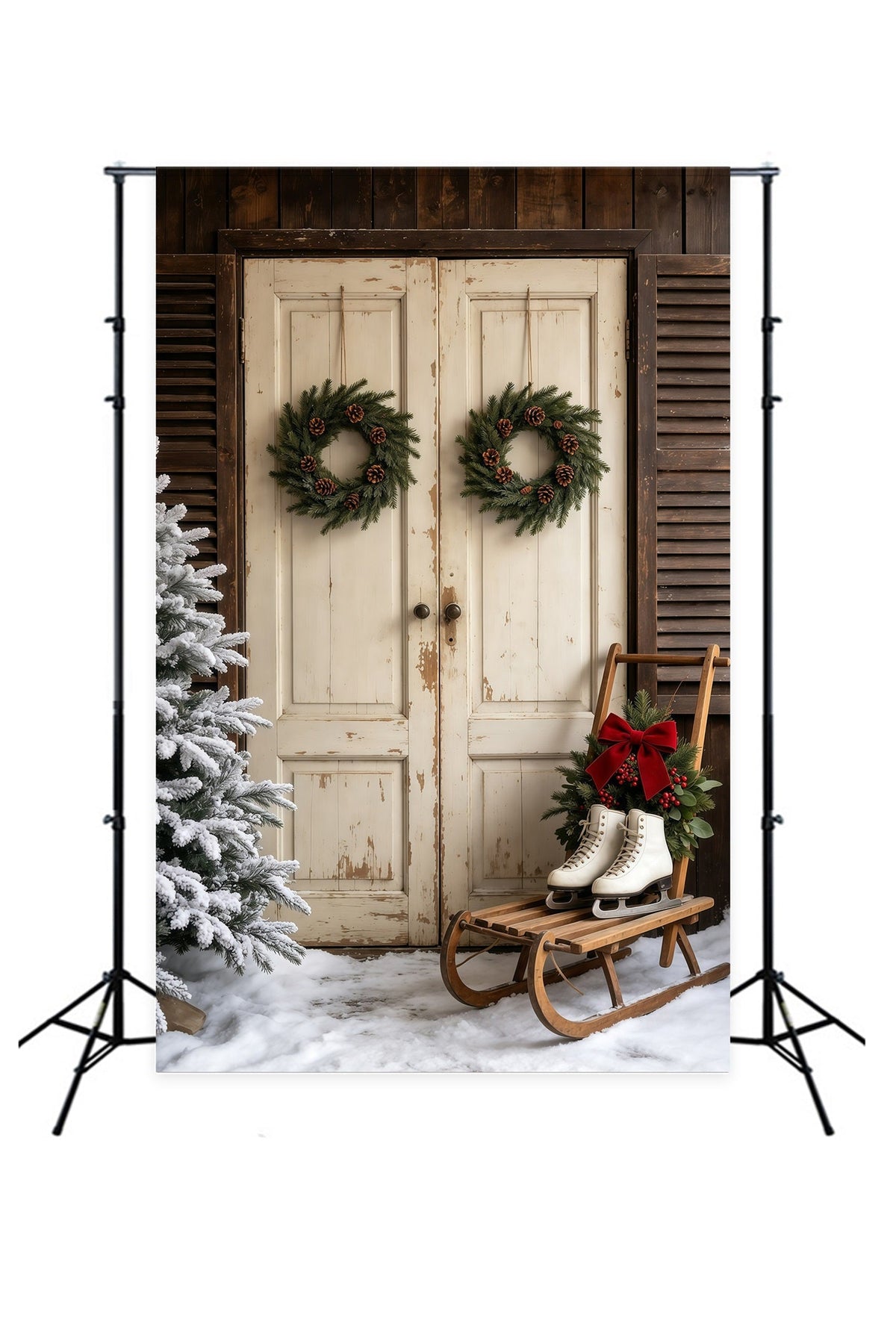 Weihnachtskulisse Mit Scheunentor Rustikaler Weißer Türkranz Weihnachtshintergründe GQ69-32