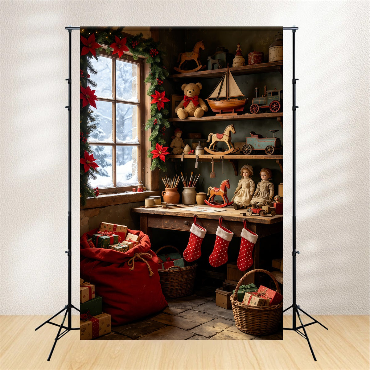 Weihnachtshütten-Kulisse Vintage-Spielzeugregalzimmer Weihnachtsstudio-Hintergrund GQ69-37