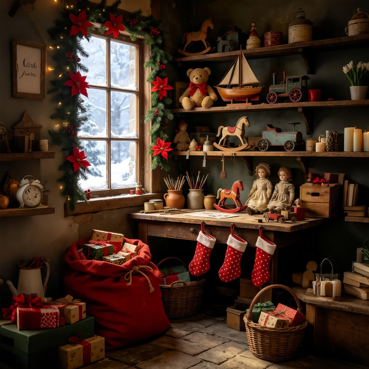 Weihnachtshütten-Kulisse Vintage-Spielzeugregalzimmer Weihnachtsstudio-Hintergrund GQ69-37