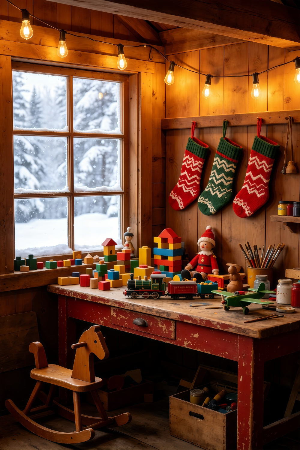 Rustikale Weihnachtskulisse Gemütliche Spielzeugecke In Der Hütte Weihnachtskulisse Für Den Innenbereich GQ69-39