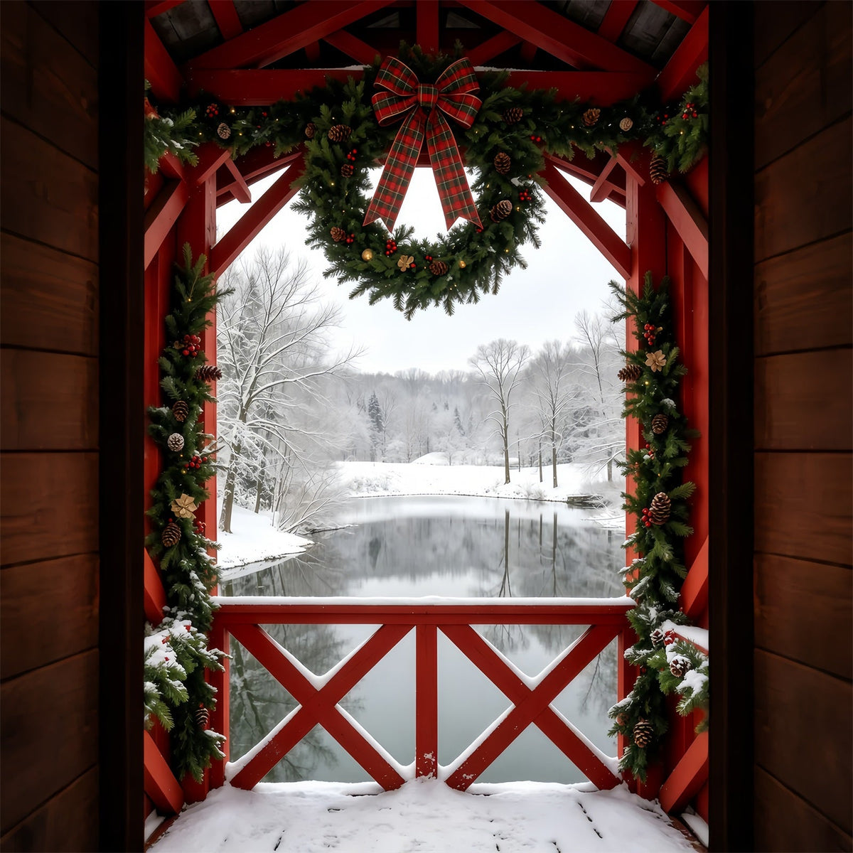 Winterliche Weihnachtskulisse Ansicht Des Verschneiten Scheunenkranzes Studiohintergründe Weihnachten GQ69-40