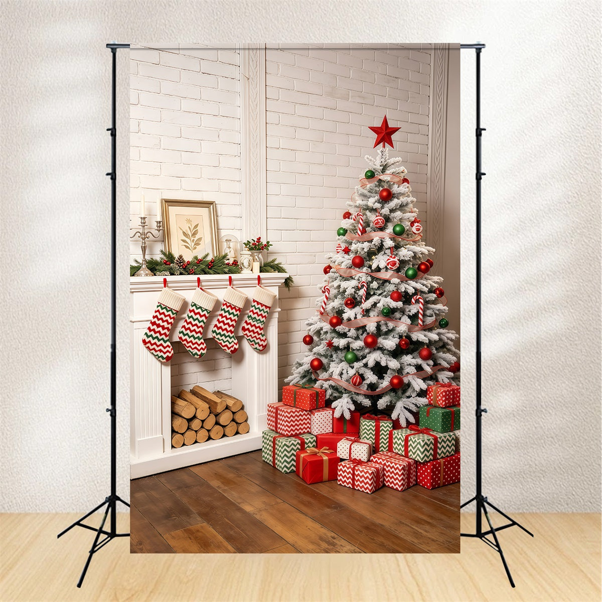 Gemütliche Weihnachtskulisse Grüne Kaminverkleidung Studio-Weihnachtskulisse GQ69-44