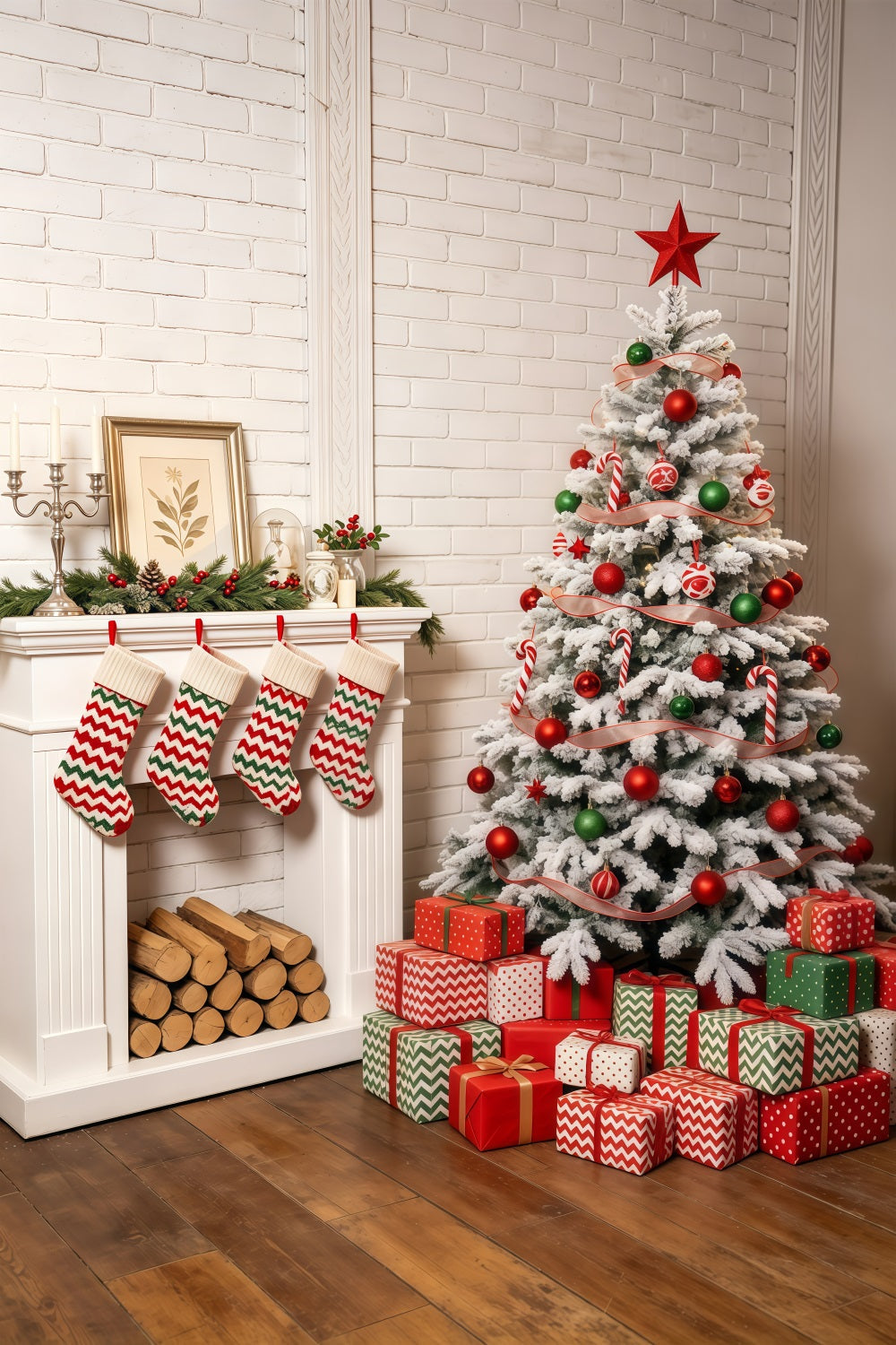 Gemütliche Weihnachtskulisse Grüne Kaminverkleidung Studio-Weihnachtskulisse GQ69-44