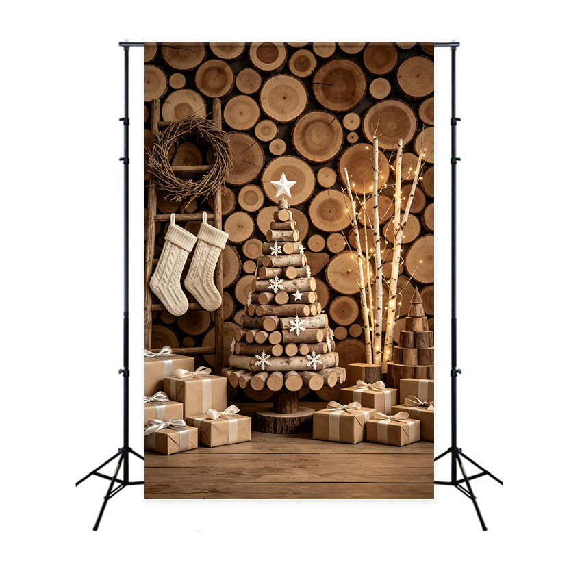 Rustikale Weihnachtskulisse Baumdarstellung An Einer Holzstammwand Weihnachts-Musselin-Hintergrund GQ69-47