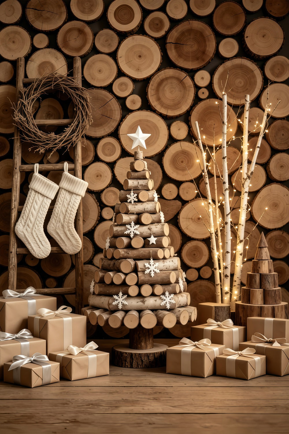 Rustikale Weihnachtskulisse Baumdarstellung An Einer Holzstammwand Weihnachts-Musselin-Hintergrund GQ69-47
