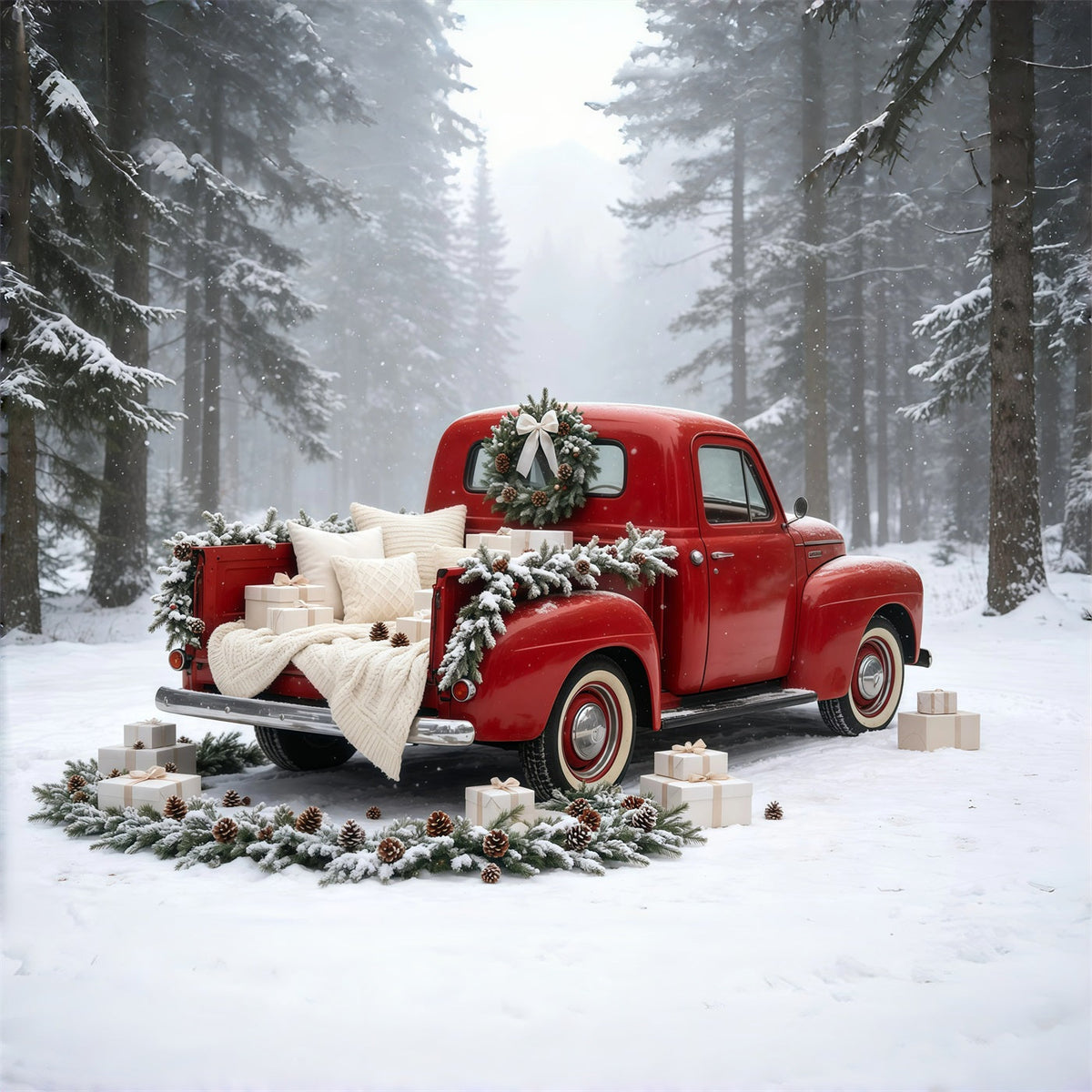 Weihnachtstruck-Hintergrund Vintage Red Car Forest Studio-Weihnachtskulisse GQ69-5