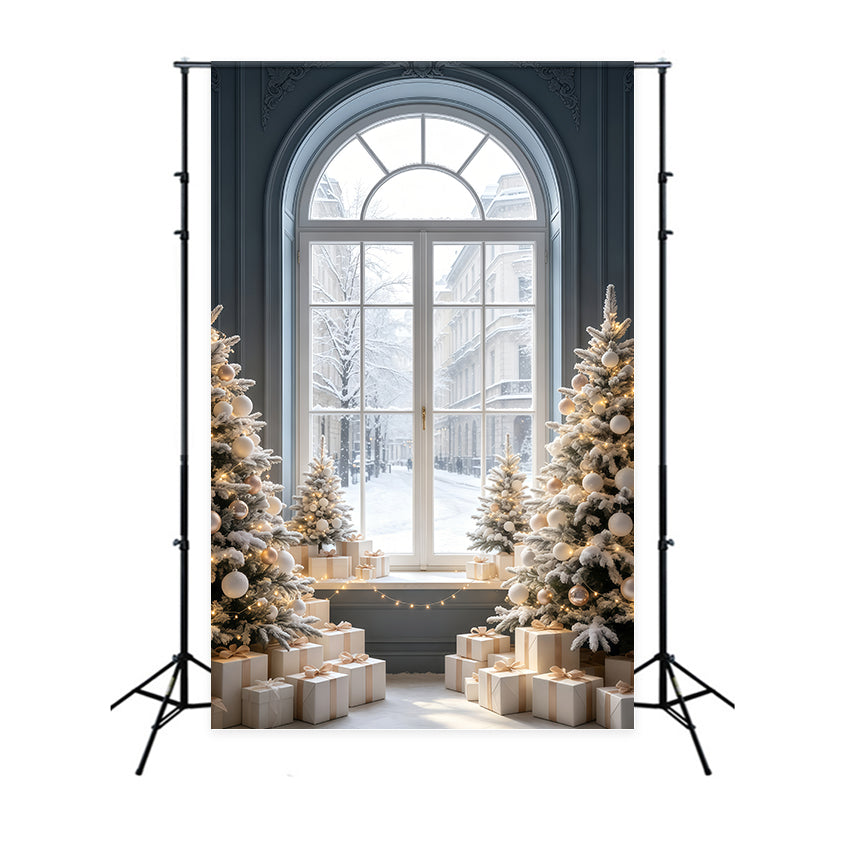 Weihnachtsfenster-Hintergrund Schneebedeckte Straßenansicht, Baumausstellung Weihnachtshintergrund Aus Musselin GQ69-52