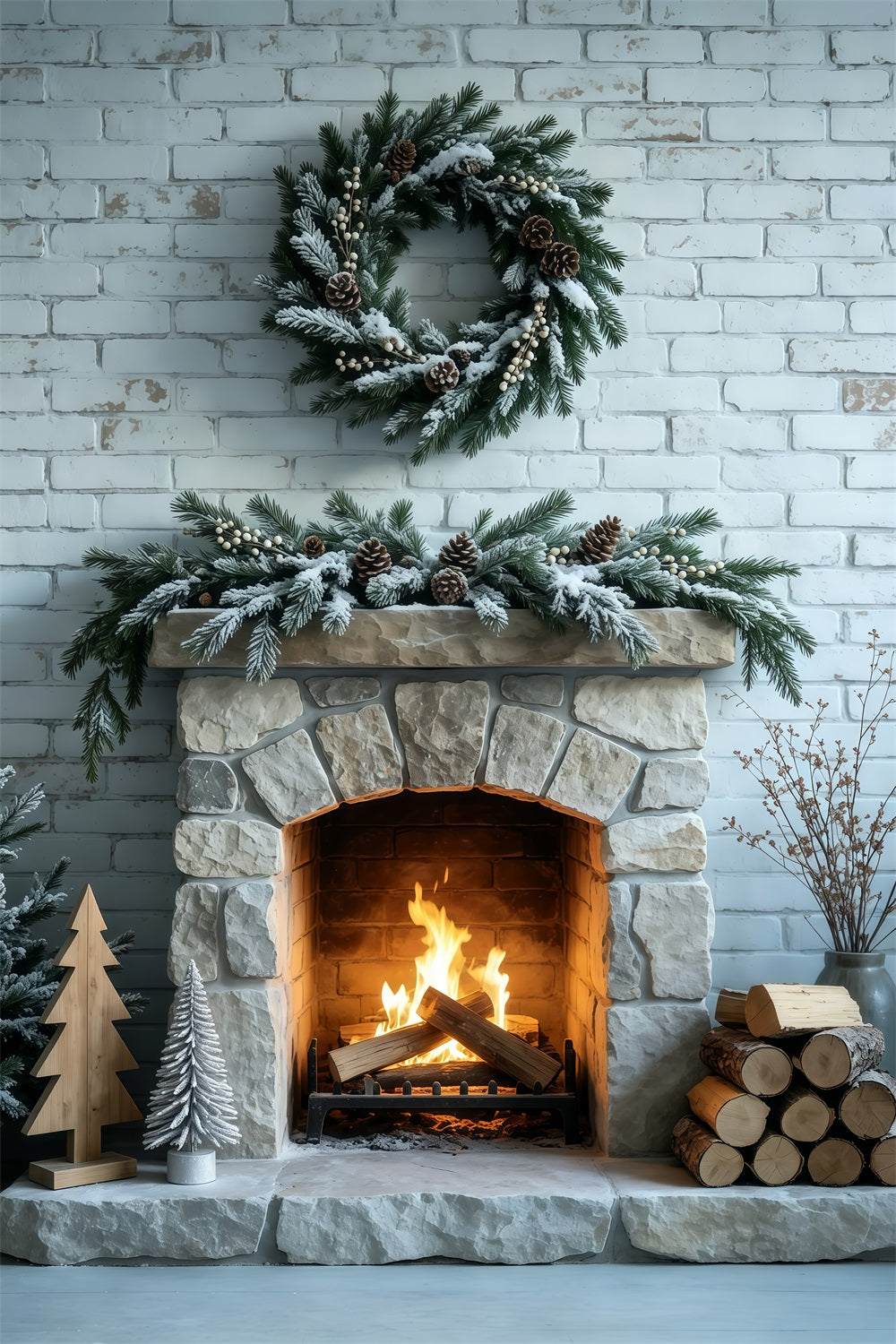 Weihnachtskamin-Hintergrund Gefrostete Ziegelwand Musselin-Hintergrund Weihnachten GQ69-53
