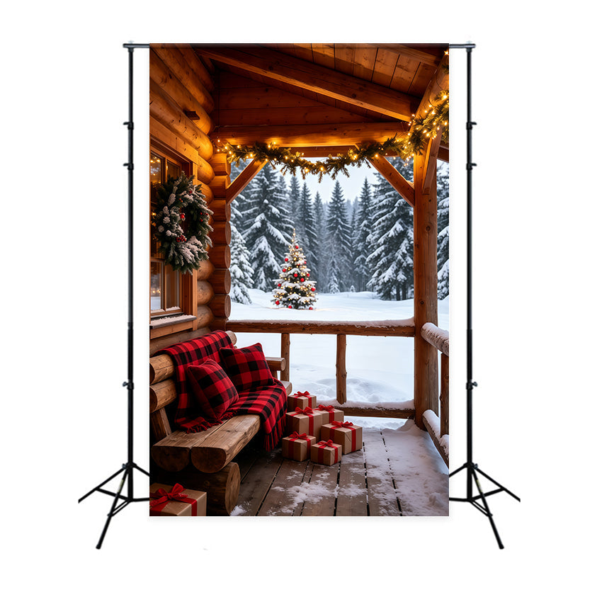 Ländliche Weihnachtskulisse Gemütliche Veranda Einer Hütte Mit Blick Auf Den Wald Weihnachtsfotohintergrund GQ69-58