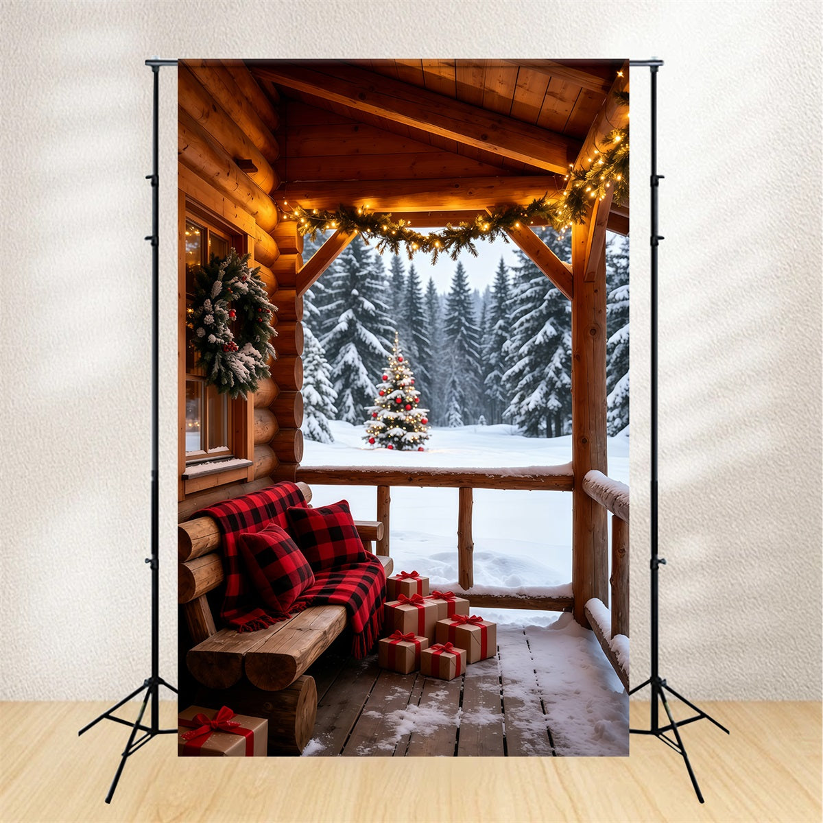 Ländliche Weihnachtskulisse Gemütliche Veranda Einer Hütte Mit Blick Auf Den Wald Weihnachtsfotohintergrund GQ69-58