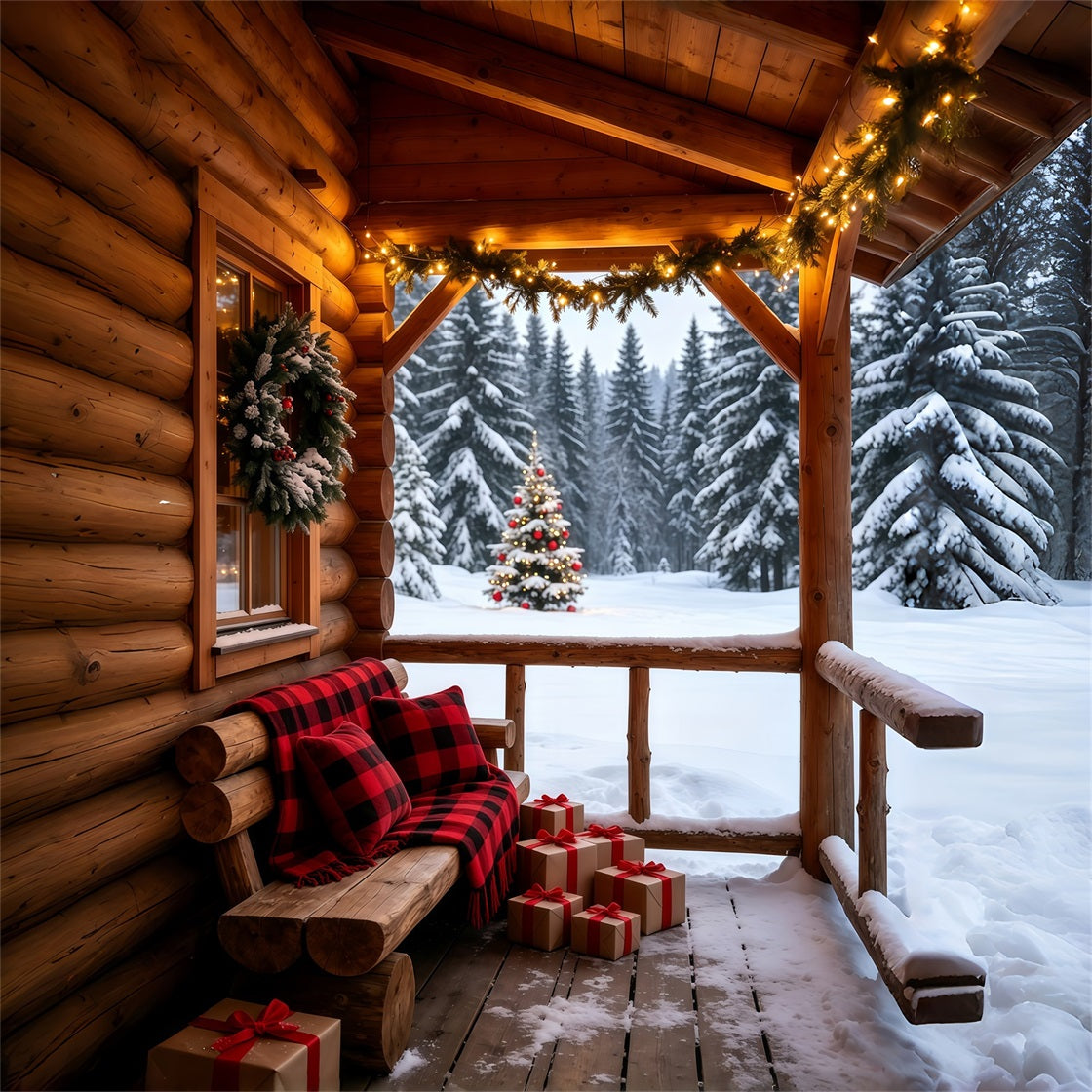 Ländliche Weihnachtskulisse Gemütliche Veranda Einer Hütte Mit Blick Auf Den Wald Weihnachtsfotohintergrund GQ69-58