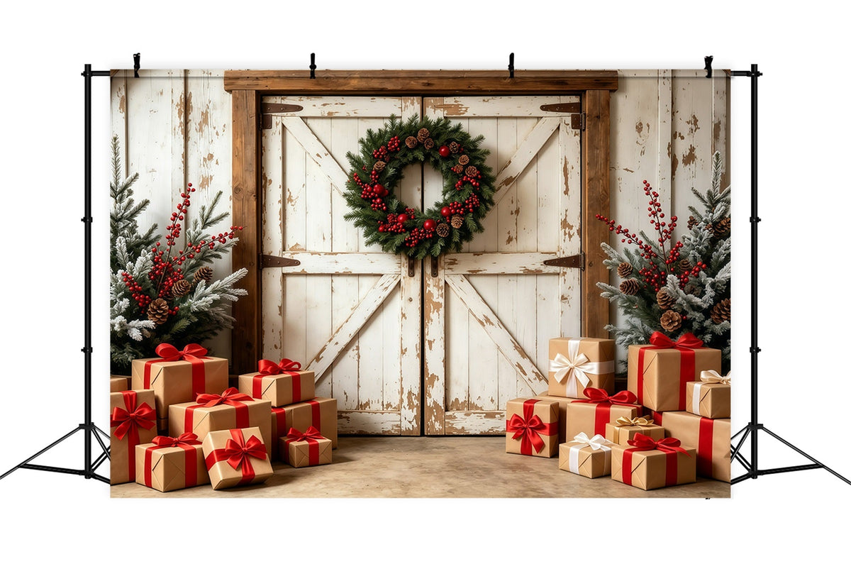 Weihnachts-Scheunentor-Hintergrund Rustikale Scheunen-Geschenkboxen Studio-Weihnachtskulissen GQ69-6